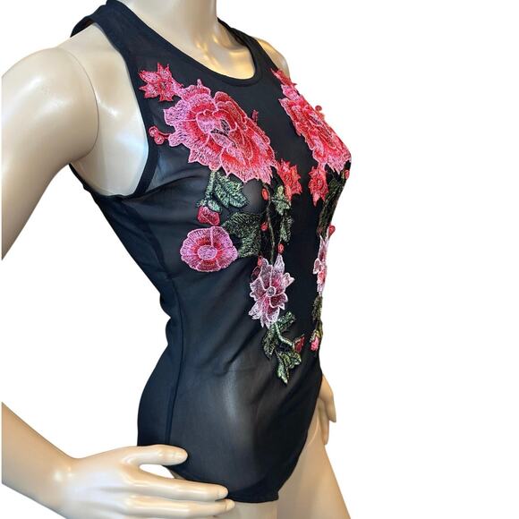Charlotte Russe Black Mesh Pink Floral Appliqué Bodysuit SZ Medium Fairy Flirty - Picture 2 of 14